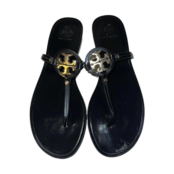 Tory Burch Mini Miller Plastic Thong Sandals Black & Gold Size 10 - Picture 2 of 6